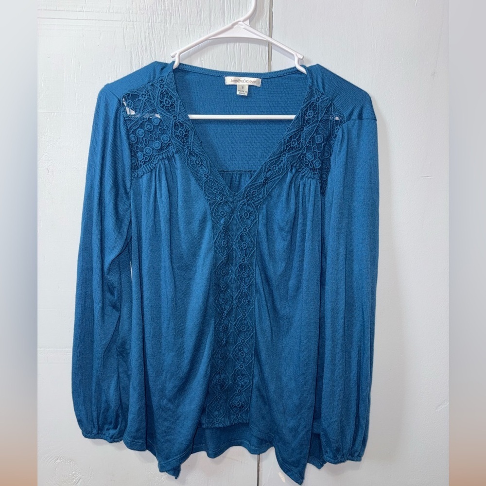 John Paul Richard Blue Boho Lace Peasant Blouse Size Small | Long Sleeve